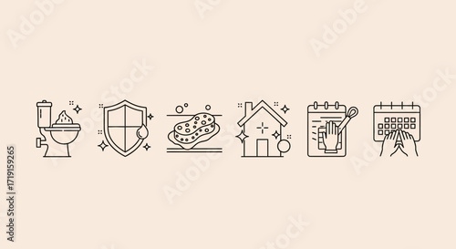 Minimalist Line Icons for Hygiene Housekeeping and Scheduling Chores. Vector Illustrations. EPS Editable
