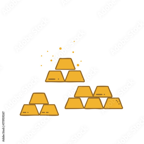This charming hand-drawn illustration depicts multiple stacks of gleaming gold bars, symbolizing wealth, investment, and financial success on a clean white background.