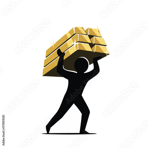 A determined silhouette of a person struggles to carry an immense stack of gleaming gold bars, symbolizing the heavy burden of wealth and financial prosperity.