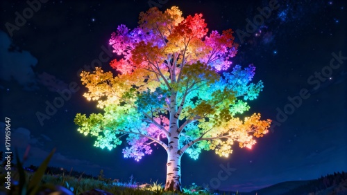 Ethereal Aspen Tree with Illuminated Rainbow Leaves