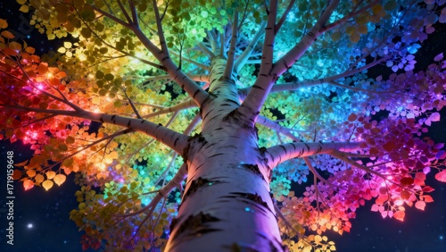 Shimmering Aspen Canopy in Rainbow Colors at Night