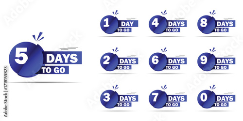 Countdown of days 1,2,3,4,5,6,7,8,9,10. The days left badges. A countdown is going on, one day I left a badge and a label to calculate the date of work. Offer timer, sticker limited to a few days.