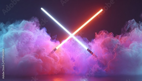 Wallpaper Mural Neon light sabers cross in a cloud of smoke Torontodigital.ca
