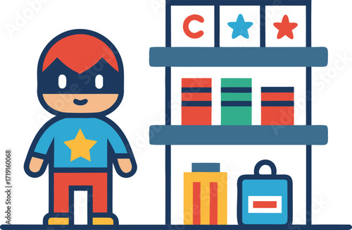 Cute superhero character standing next to a colorful display shelf