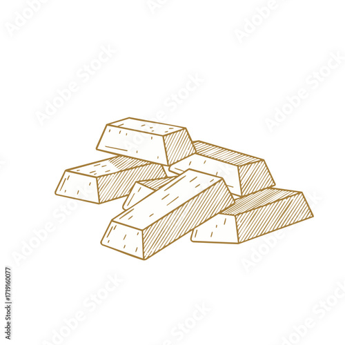 A hand-drawn illustration depicts a stack of shining gold bars, symbolizing wealth, investment, and financial security in a classic sketch art style.