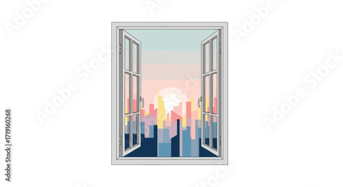 Open window looking out onto a colorful modern city skyline at sunrise. Vector Illustrations. EPS Editable