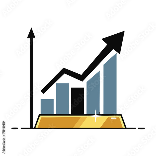 A clear graphic illustrating financial growth, investment success, wealth, featuring a rising bar graph, upward trend line, gold ingot, symbolizing prosperity.