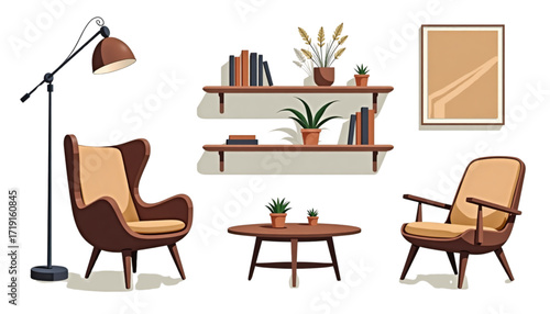 Stylish interior illustration with elegant armchairs, plants, and wall shelves