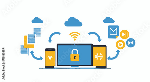 Secure cloud computing data synchronization and file sharing concept. Vector Illustrations. EPS Editable