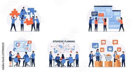 Set of business illustrations showing teamwork strategic planning and marketing. Vector Illustrations. EPS Editable
