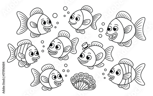 Charming black and white line art illustration of cute cartoon fish and coral for vector graphics silhouette vector illustration white background