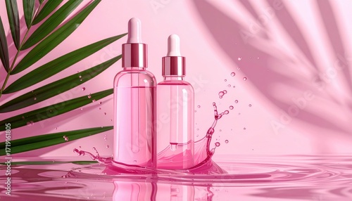 Two clear bottles of pink liquid with droppers sit in rippling water against a pink background with a palm leaf silhouette