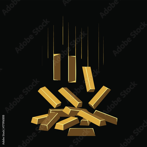 A striking illustration depicts gleaming gold bars falling and accumulating into a substantial pile, symbolizing wealth and financial prosperity.