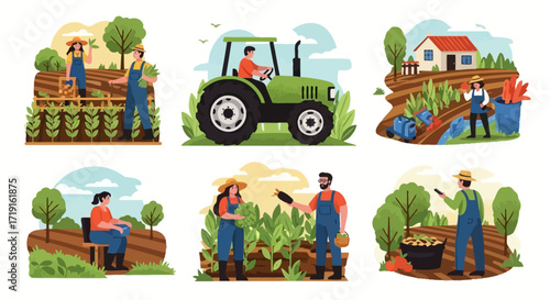 Set of Farming and Agriculture Illustrations with Farmers at Work. Vector Illustrations. EPS Editable