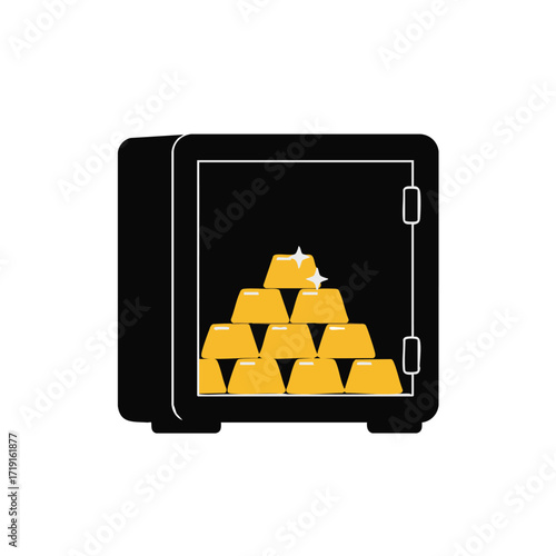 A secure black safe is depicted with its door ajar, showcasing a gleaming stack of precious gold bullion bars, symbolizing wealth and financial security.