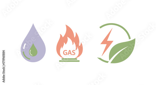 Set of Energy and Utility Icons Water Gas and Electricity. Vector Illustrations. EPS Editable