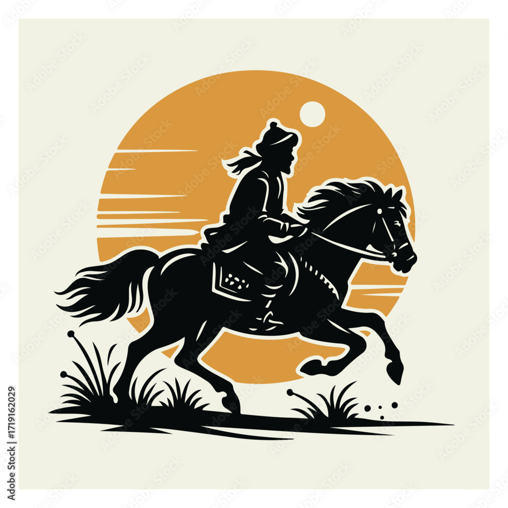 Fototapeta premium Cowboy on Horse Under Moon – Night Western Landscape