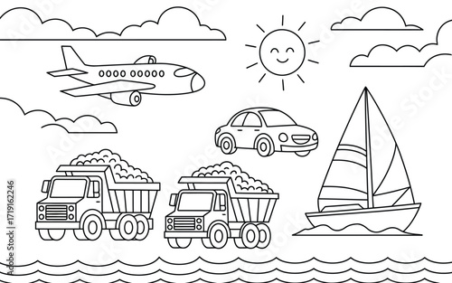 Scalable vector line art illustration of various transportation modes and sunny sky silhouette vector illustration white background