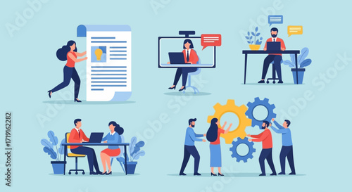 Set of Flat Design Illustrations for Business and Teamwork Concepts. Vector Illustrations. EPS Editable