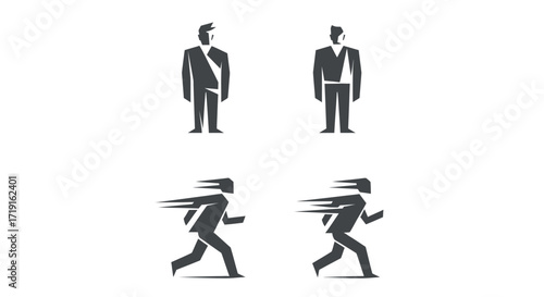 Set of minimalist icons showing a person standing still and running fast with motion blur effect. Vector Illustrations. EPS Editable