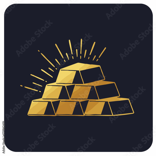 This stylized illustration features a gleaming stack of precious gold bars, symbolizing immense wealth, financial prosperity, and secure investment on a dark backdrop.