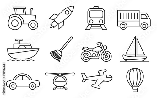 Collection of 12 simple vector icons illustrating diverse modes of transportation silhouette vector illustration white background