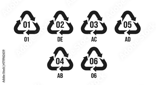 Set of plastic recycling symbols with resin identification codes. Vector Illustrations. EPS Editable
