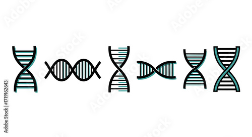 Set of six different DNA double helix icons for science and genetics. Vector Illustrations. EPS Editable