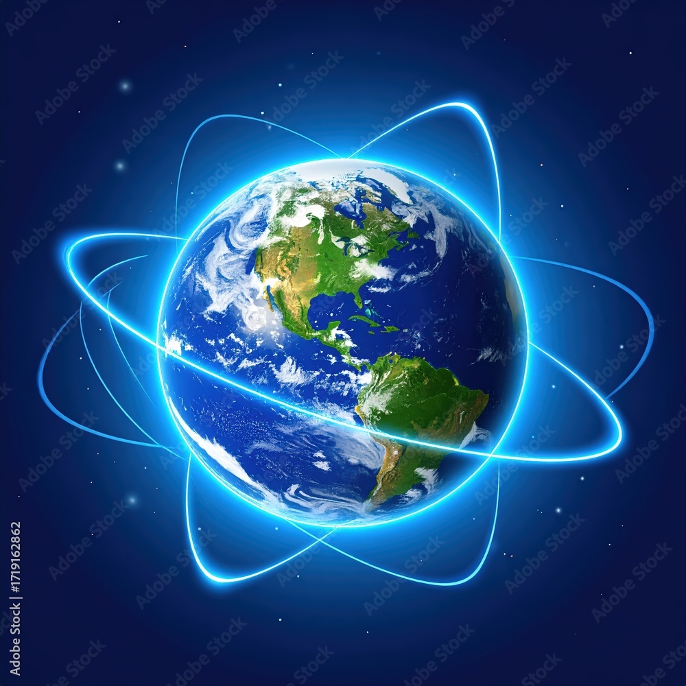 Fototapeta premium Artistic representation of planet Earth with glowing orbital rings, showcasing continents.