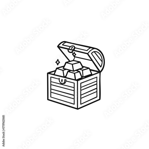 A charming hand-drawn outline of an open wooden treasure chest overflowing with gleaming gold bars, symbolizing immense wealth and hidden riches.