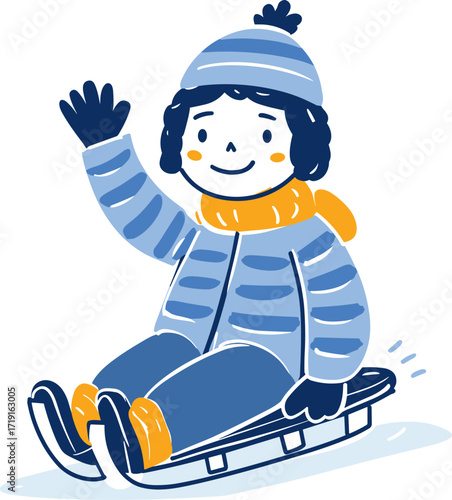 Child enjoying a winter day sledding down a hill while waving happily to friends isolated on transparent background. Vector illustration.