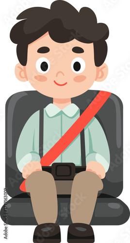 Young boy safely seated in a car with a seatbelt isolated on transparent background. Vector illustration.