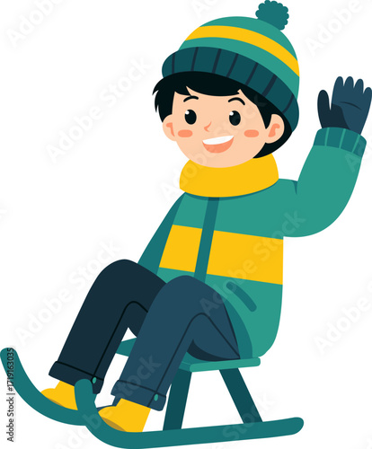 Child enjoying a winter day while sledding isolated on transparent background. Vector illustration.