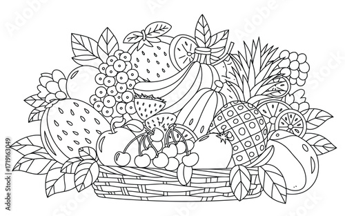 Scalable line art illustration of abundant assorted fruits in a basket vector eps silhouette vector illustration white background
