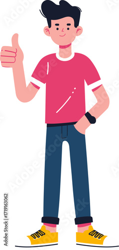 Young man giving a thumbs up in colorful casual attire with a cheerful expression isolated on transparent background. Vector illustration.
