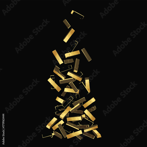 A dynamic cascade of gleaming gold bars tumbles gracefully against a stark black background, symbolizing immense wealth and financial prosperity.
