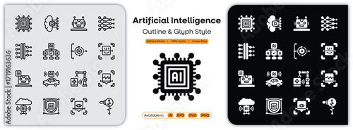 Artificial Intelligence line icons set with editable stroke, featuring machine learning, neural network, chatbot, automation, deep learning, robotics, algorithm, analysis, and innovation. illustration