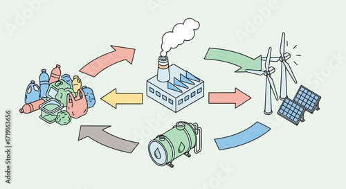 Sustainable Circular Economy Illustration with Recycling and Green Energy. Vector Illustrations. EPS Editable