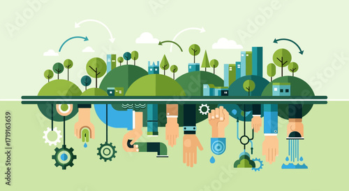 Sustainable Green City Concept with Industrial Mechanics Foundation. Vector Illustrations. EPS Editable