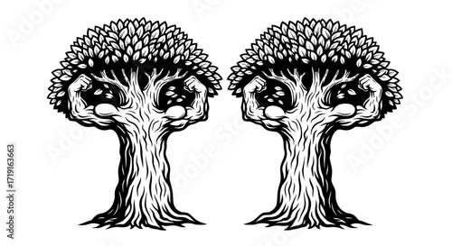 Symmetrical pair of monstrous fantasy trees with faces in a graphic woodcut style. Vector Illustrations. EPS Editable