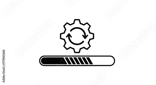 System Update Progress Bar with Rotating Gear Icon. Vector Illustrations. EPS Editable