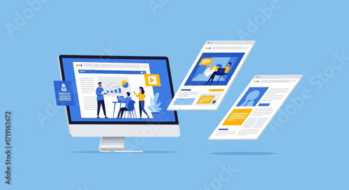 Team collaborating on responsive web design for desktop and mobile devices. Vector Illustrations. EPS Editable