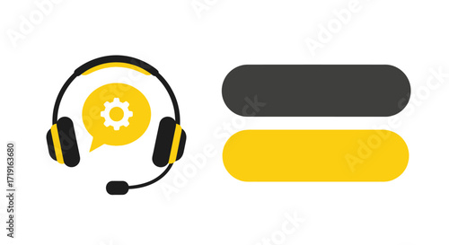 Technical support headset icon with gear and speech bubble next to blank web buttons for text. Vector Illustrations. EPS Editable
