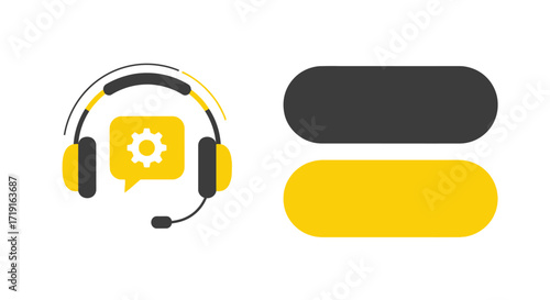 Technical support headset icon with settings gear and blank web buttons for text. Vector Illustrations. EPS Editable