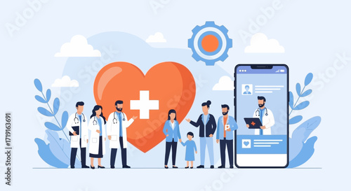 Telehealth and Online Doctor Consultation for Family Healthcare Services. Vector Illustrations. EPS Editable