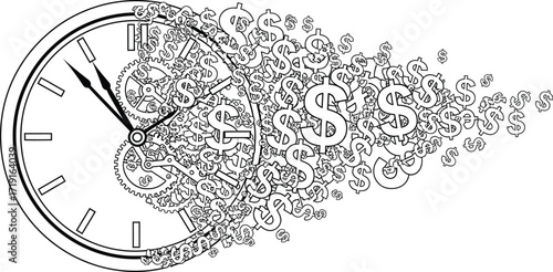 A clock dissolving into dollar signs, symbolizing time is money in a black and white illustration