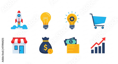 Bright Business Icons Set Rocket, Lightbulb, Money Bag, and Shopping Cart Icons