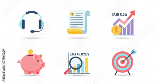 Collection of business icons for finance, data analysis, and customer service, including a piggy bank and target icon set