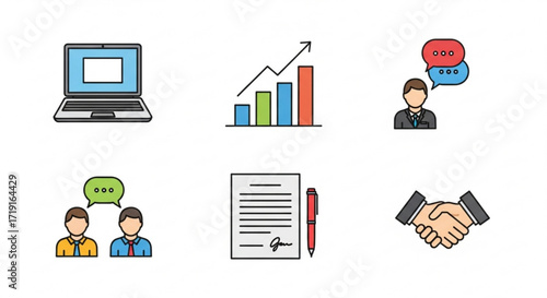 Collection of business icons, including laptop, graph, speech bubbles, contract, and handshake icon set