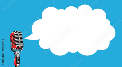 Vintage red microphone with a large blank speech bubble for text on a blue background. Vector Illustrations. EPS Editable